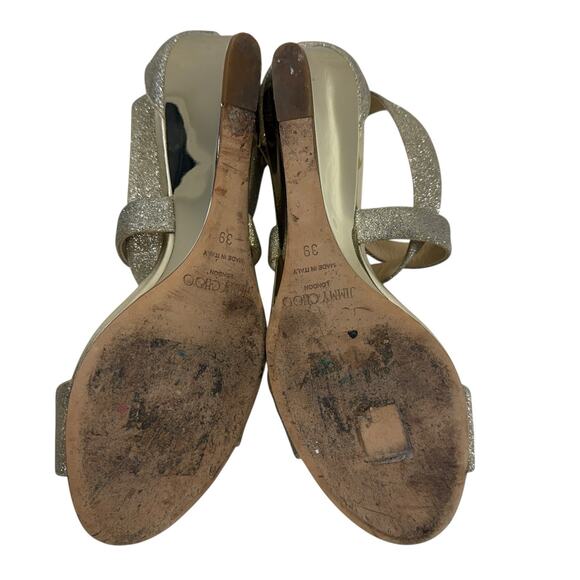 Jimmy Choo Chiara Sandal Size 39 /9 Cross Strap Open Metallic Gold Glitter Wedge - Picture 13 of 14